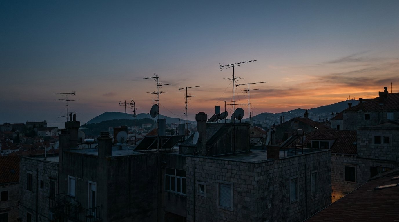 Antenas de televisión recortadas sobre el cielo al atardecer