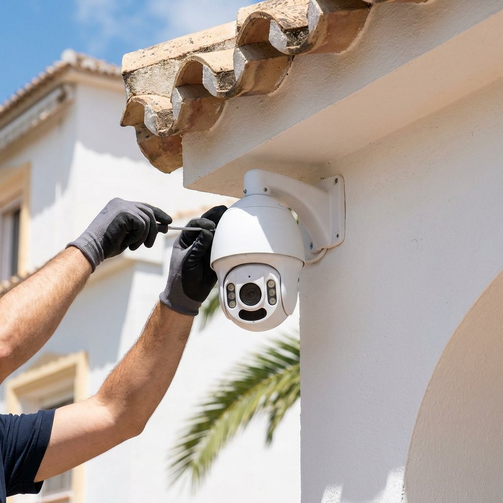 Cámara de videovigilancia montada en la fachada de un edificio