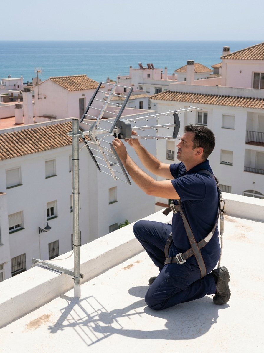 Antenista instalando una antena de TV en una azotea