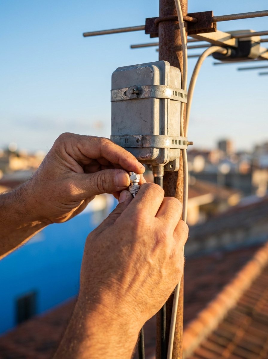Conexión de cable coaxial en un amplificador de señal de televisión