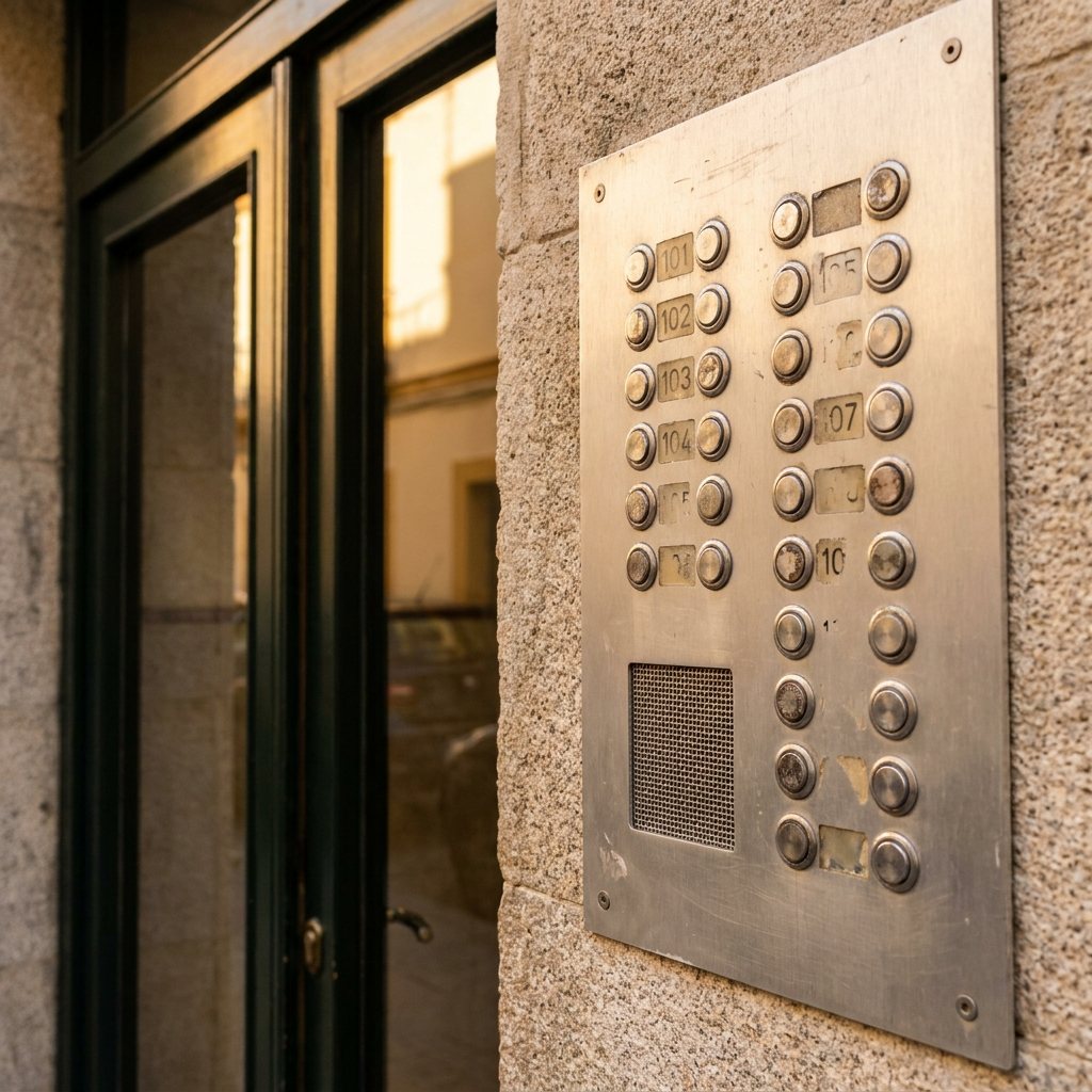 Placa de calle de un portero electrónico con pulsadores