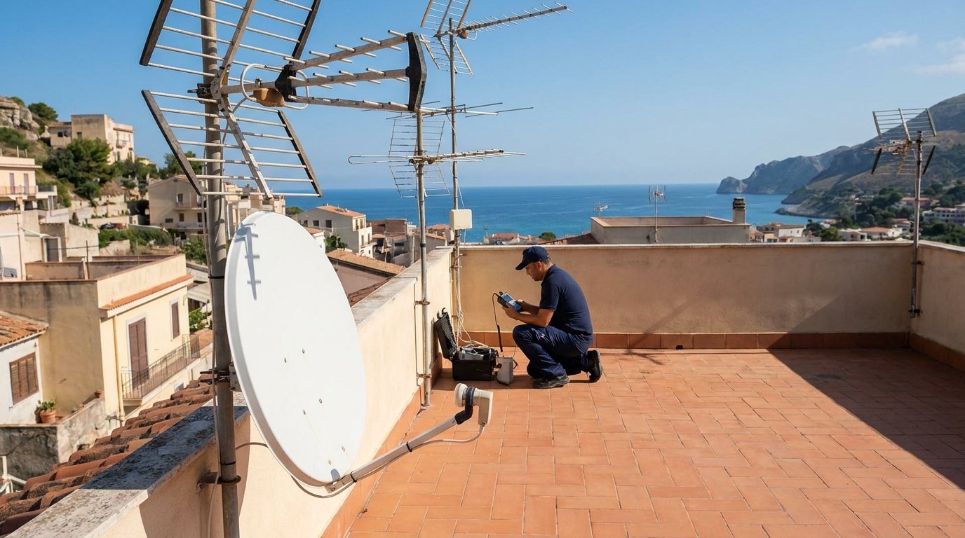 Azotea con antenas de televisión y parabólica frente al mar en la costa de Málaga
