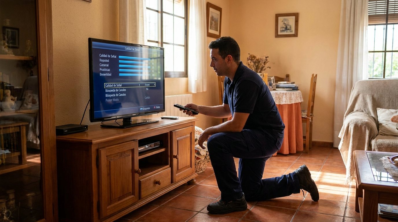 Técnico resintonizando los canales de la televisión digital terrestre